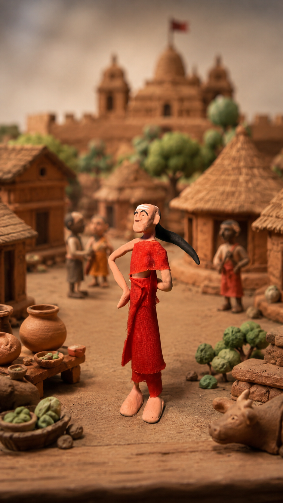 Stop-motion Chanakya figure on a tabletop village set.